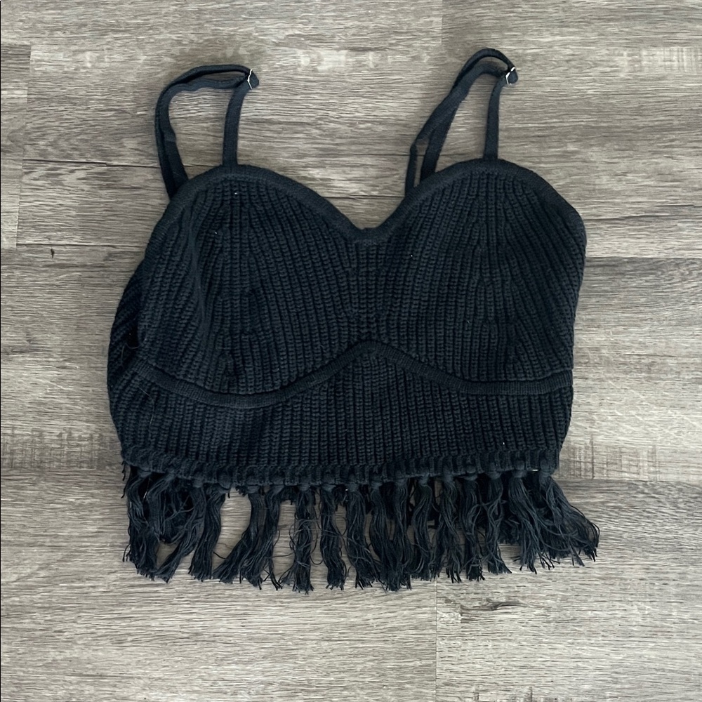 Black Fringe Knit Crop Top